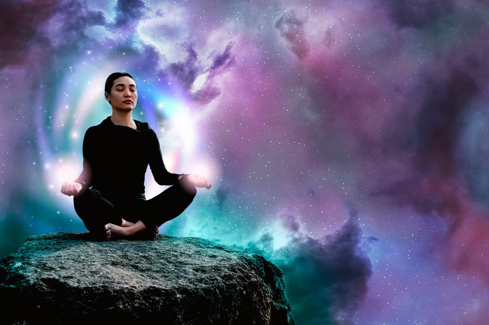 full shot woman meditating rock